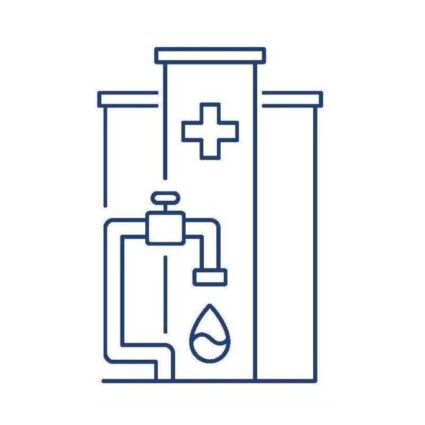 Line drawing of hospital with water faucet and water drop