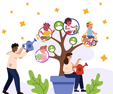 Illustration of parents watering a tree with kids doing activities