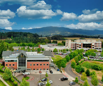 Aerial view of the Pastega Cancer Center and Good Samaritan Regional Medical Center in Corvallis, Oregon.