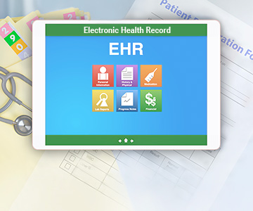Colorful computer monitor screen with the words, "Electronic Health Record," and medical file folders behind it.