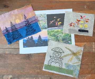 Artwork from the garden vignettes textile class.