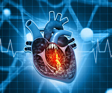 Illustration of a human heart on a dramatic blue EKG in background.