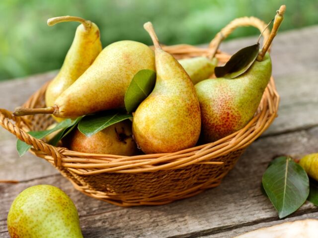 Pears in a basket on a table