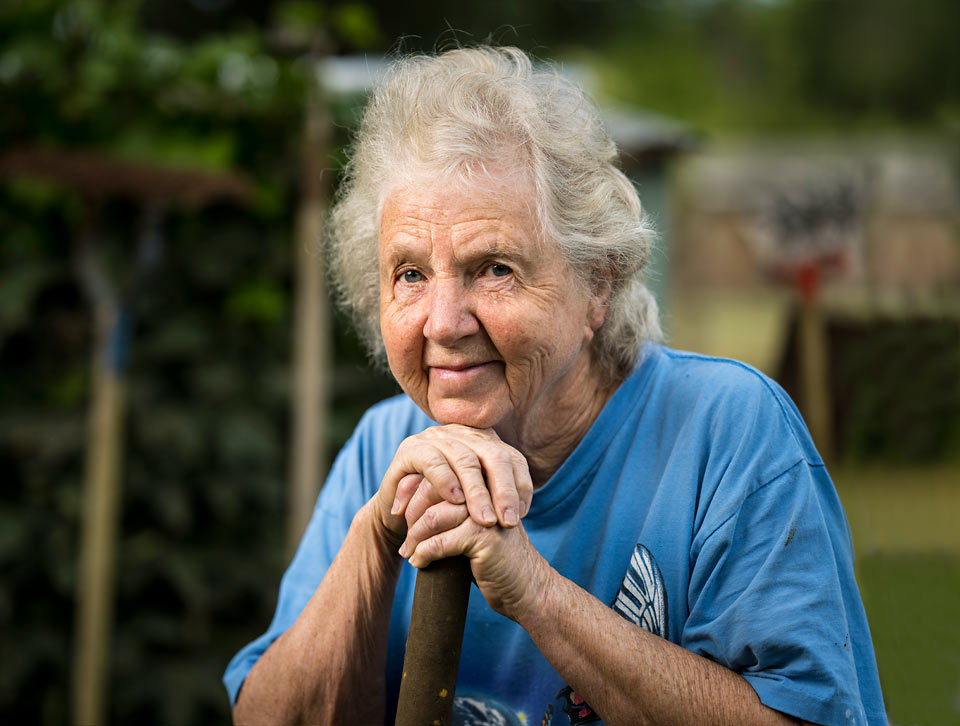 Carol out in her garden reflecting on her 37 years at Good Samaritan Regional Medical Center.