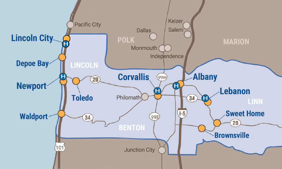 Map showing service area for Samaritan Health Services with locations of hospitals and clinics.