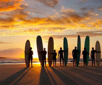 Surfers lined up along the ocean shoreline at sunset.