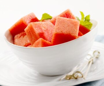 watermelon and basil in a small white bowl