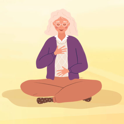 Illustration of a woman sitting crossed legged on the floor meditating.