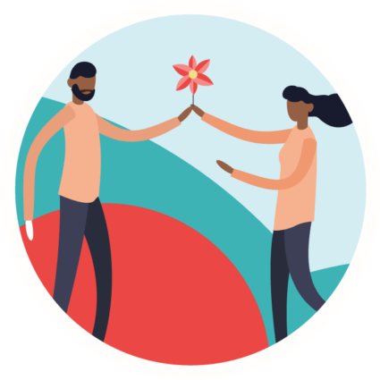 Colorful graphic of a man and woman holding a flower between them. Concept of leaving a legacy.